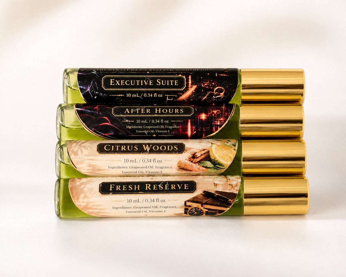 The Gentleman’s Reserve Cologne Oil Collection featuring Executive Suite, After Hours, Citrus Woods, and Fresh Reserve